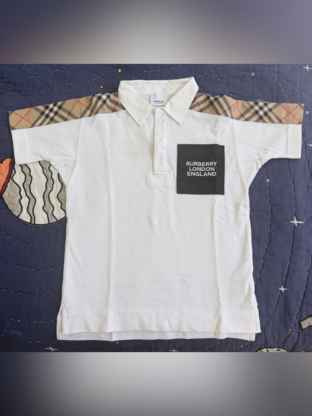 Burberry White Polo with Vintage Check Shoulder Panels and Black Logo Pocket